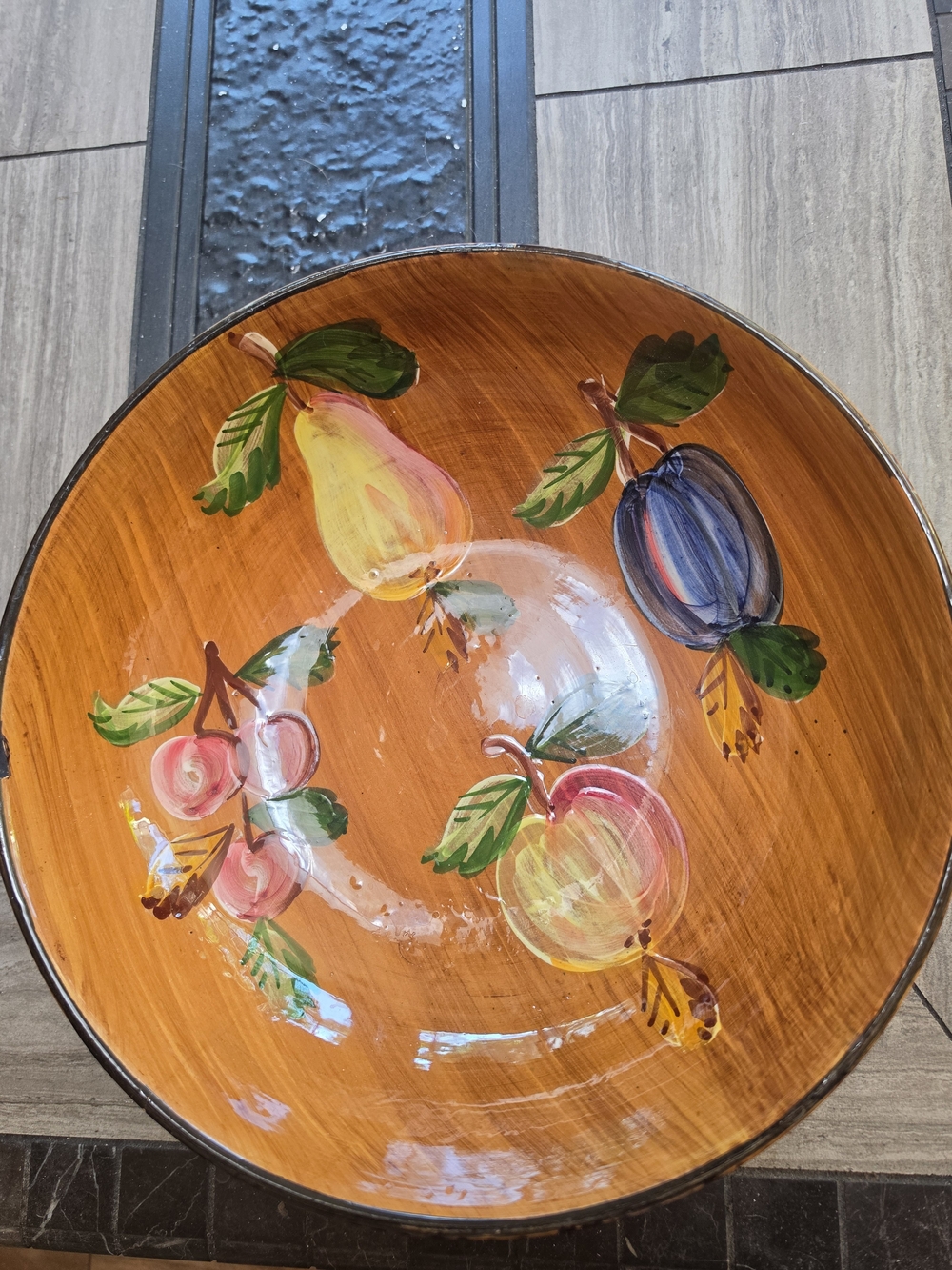 Hand-Painted Fruit Ceramic Serving Bowl -Made In Italy BrownBackground